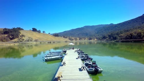 View of Gorgeous Mountainside Lake on Sunny Day by Aerial Drone Above