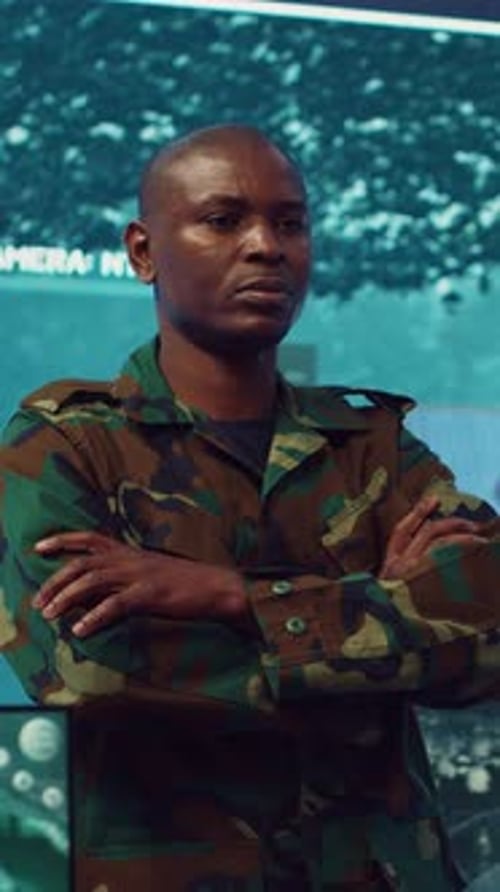 Vertical Video Portrait Confident Military General with Camo Uniform in Mission Control Center