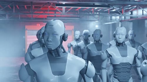gros plan de l'usine d'intelligence artificielle d'un robot humanoïde cyber déplaçant leur tête d'un côté à l'autre f