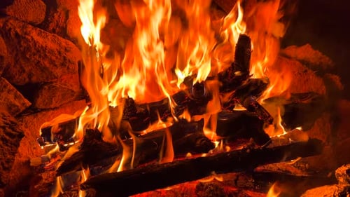 Brûler de gros bâtons de bois et des bûches devant un grand feu de camp, flammes chaudes, voyage de camping en forêt et dans la nature, 4