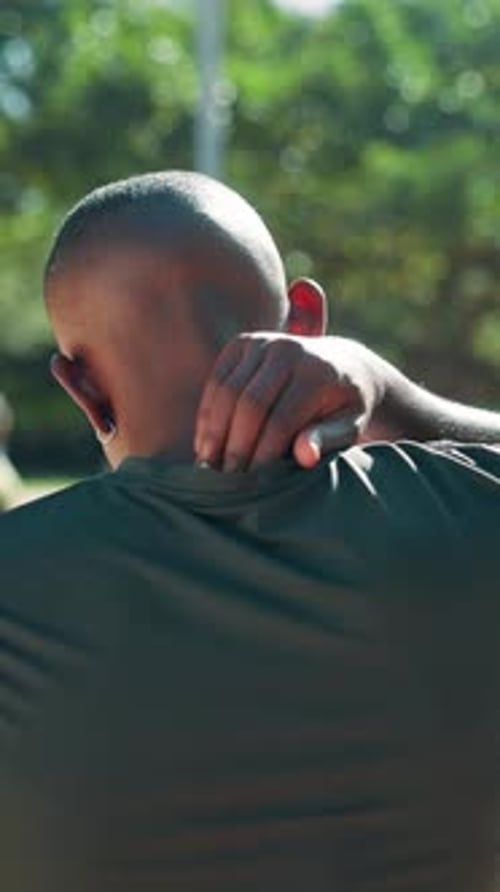 Neck pain, massage and back of man in park for exercise, workout and injury from training