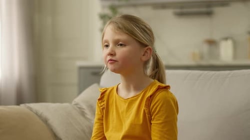 Unhappy Little Girl Chewing Eating Touch Cheek Dental Pain Stomatology Dentistry Health Child Kid