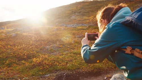 Hiker Films Scene in the Arctic Tundra Woman Hiker Walks and Takes a Picture of the Nature