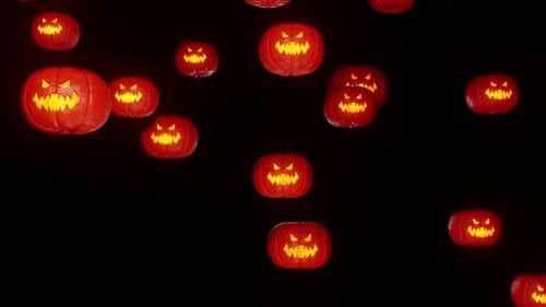 Halloween pumpkins without stem fall down background 3d render. Sinister pumpkins with golden glow