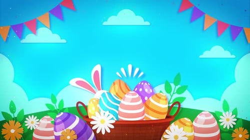Colorful Easter Egg Basket with Bunny Ears and Spring Flowers