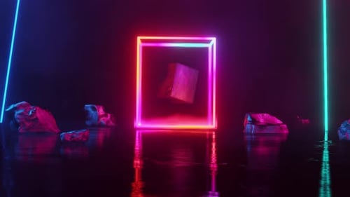 Neon rotating cube with rocks. Looped animation