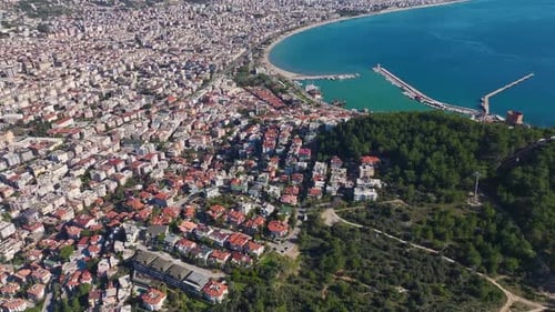 Aerial Video Urban Skyline Along The Azure Sea With A Clear Blue Sky Stunning Coastal Panorama