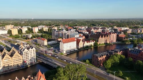 Aerial Drone Video Flying Over the Historic Tourist Center of Gdansk on a Summer Afternoon Poland