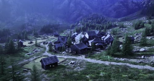 Village tranquille niché dans des montagnes sereines au crépuscule