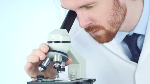 Scientist Looks Through Microscope in Bright Lab