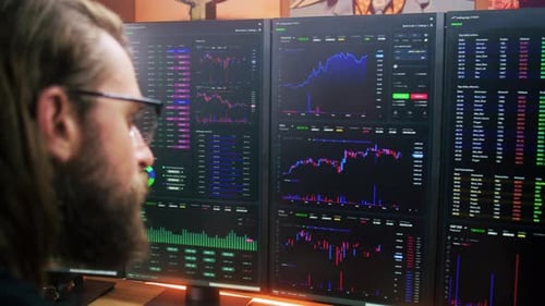 Trader Looks at Computer Screen Works Remotely at Home Office
