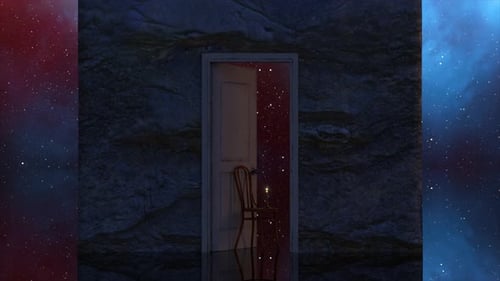 Lit Candle Burns on a Chair in the Doorway Space in the Background Blue Purple Neon Color