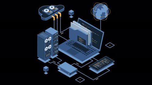 Isometric cloud authentication system with laptop animation. Cloud technology computing concept