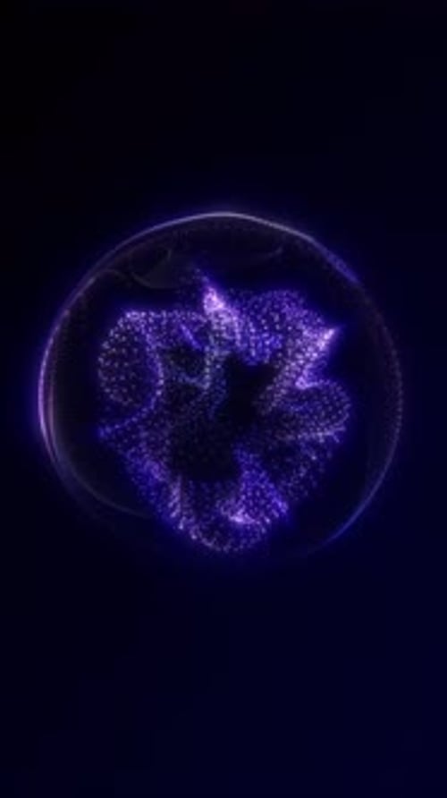 Vertical 4K loop of a glowing purple particle sphere with dynamic flowing dots