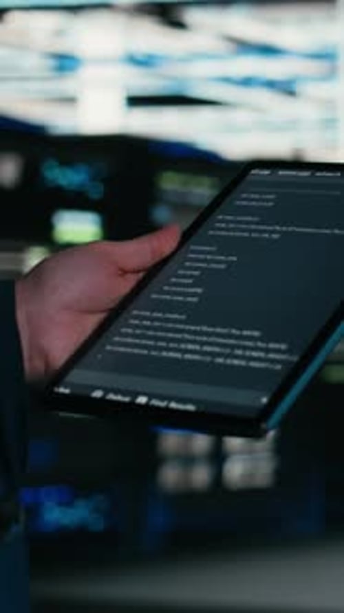Vertical Video Close Up of Data Center Engineer Using Tablet to Write Code