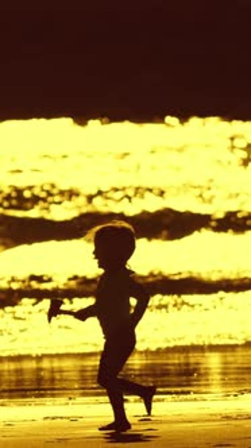 Child Running on Beach at Sunset with Family Montage