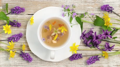 Floral Herbal Tea with Spring Flowers Overhead