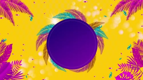 Vibrant Tropical Celebration Frame with Feathers and Confetti