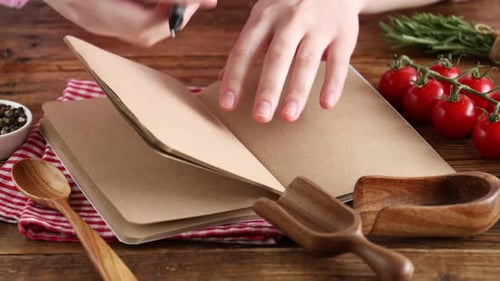 Woman writing recipe in notebook at table, closeup