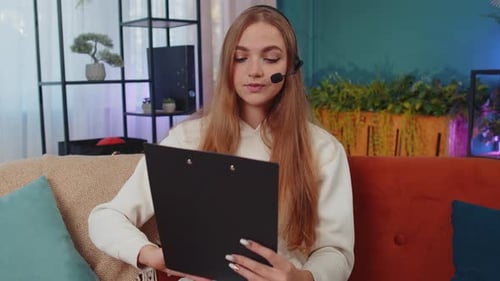 Young Woman Freelance Worker Call Support Center Service Operator Helpline Having Talk with Client