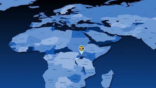 Animated World Map Zoom to Uganda Location Pin
