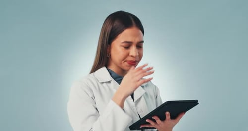 Tablet, doctor and idea with a science woman in studio on a gray background for research