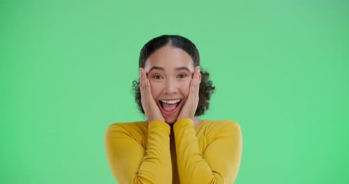 Wow, surprise and portrait of woman on green screen for news, announcement