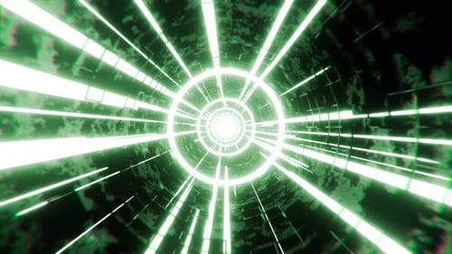 Tunnel de science-fiction abstrait avec des rayons néons et des cercles en mouvement et en rotation, en boucle