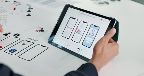 App development, business and man with tablet, screen hands and internet with ui design