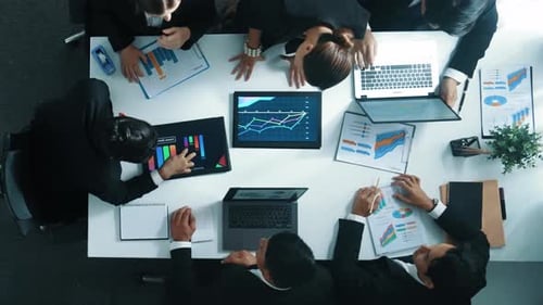 Top view of business people brainstorm marketing idea at table. Directorate.