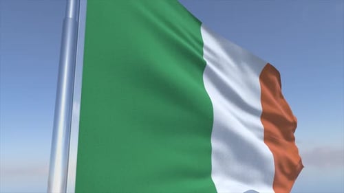 Realistic Ireland Flag Waving in the Wind Against Blue Sky