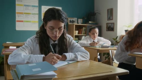 Teen Students Studying at Desks in Classroom