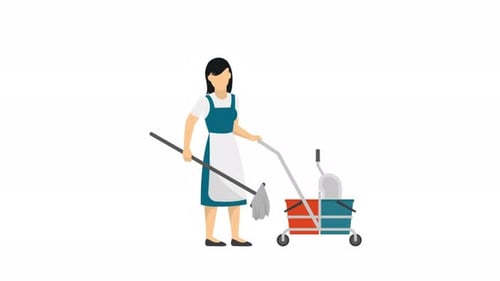 Animated Flat Design Woman Cleaner with Mop and Bucket
