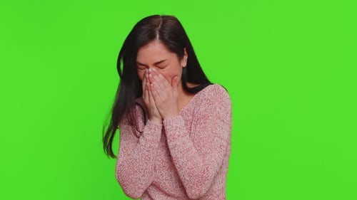 Woman Coughs and Feels Sick on Green Screen