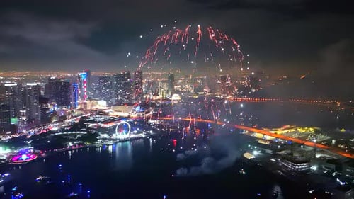 Multicolored fireworks shimmer high above a glowing metropolis, recorded from a drone soaring throug