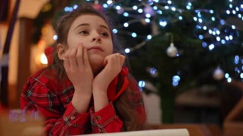Girl Smiles By Christmas Tree Indoors