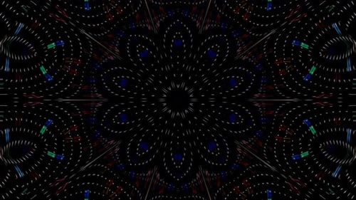 abstrakte Linien, buntes Licht, glänzende runde Form in der Mitte, schwarzer Hintergrund