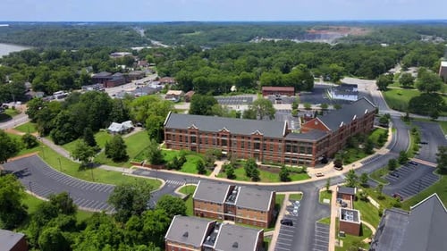 Aerial drone footage of buildings at Austin Peay University in Clarksville, TN.