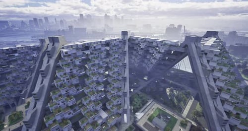 Estructura arquitectónica moderna con vegetación con vistas al horizonte urbano