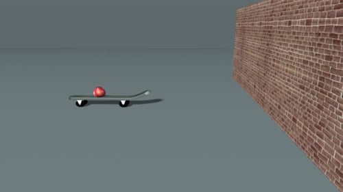 Red apple falls off skateboard after wall impact
