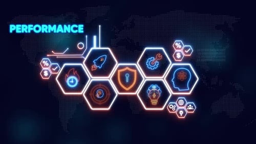 Digital Performance Network mit Icons und Geschäftsergebnissen im Hintergrund der Weltkarte