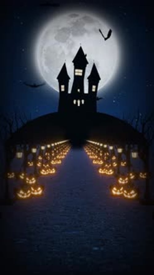 Haunted Castle Path with Glowing Jack-o'-Lanterns Under Full Moon