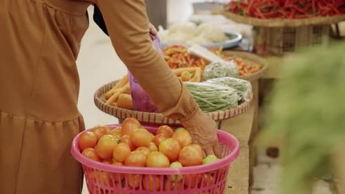 Woman Shopping for Fresh Tomatoes at Market