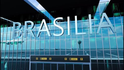 Aterrissagem de avião em Brasília Chegada à cidade com reflexo do aeroporto e da aeronave