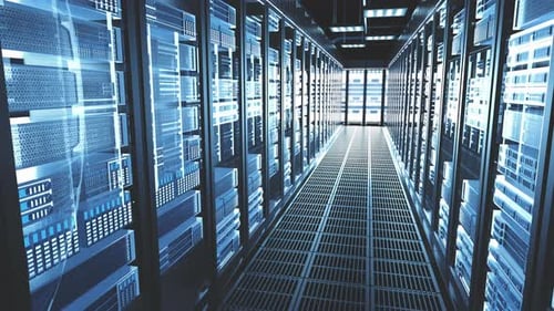 Servers Racks Walkthrough in Modern Data Center. Cloud Computing Datacenter Server Room