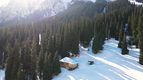 Aerial view of secluded wooden cabin in snowy mountain pine forest