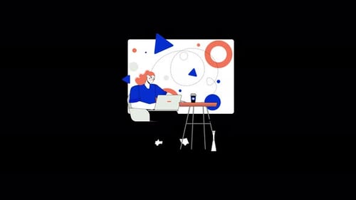 Person working on a laptop with geometric shapes background