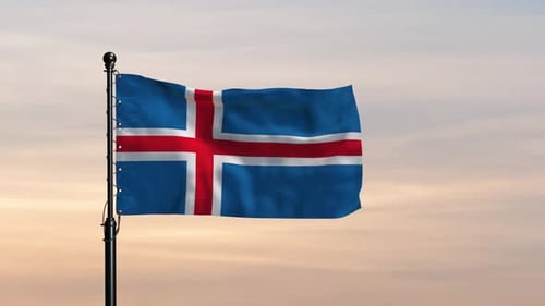 Island Symbolische Flagge weht unter weitem Himmel