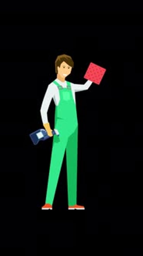 A Male Employee Is Cleaning Something With Glass Cleaning Detergent Vertical Alpha Channel