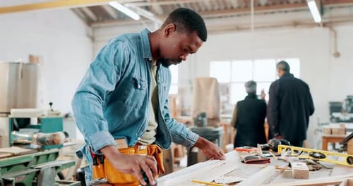 Furniture, wood and measure with black man in workshop for manufacturing, planning and building